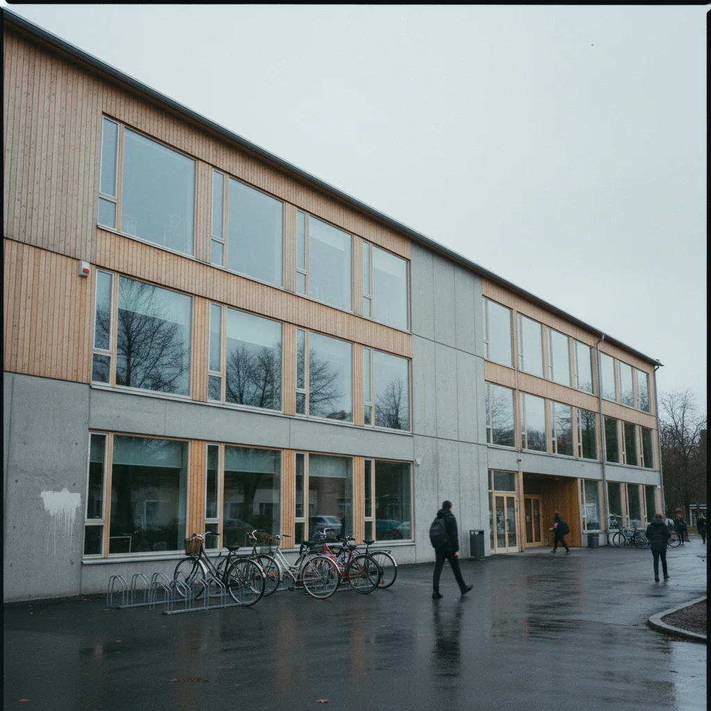 Modernes schwedisches Schulgebäude mit großen Fenstern