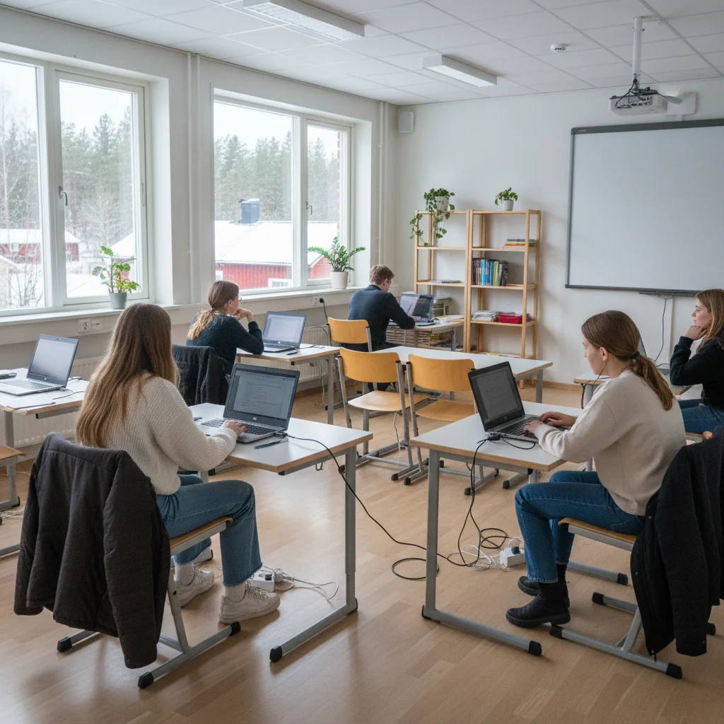 Helles schwedisches Klassenzimmer mit modernen Möbeln und Laptops