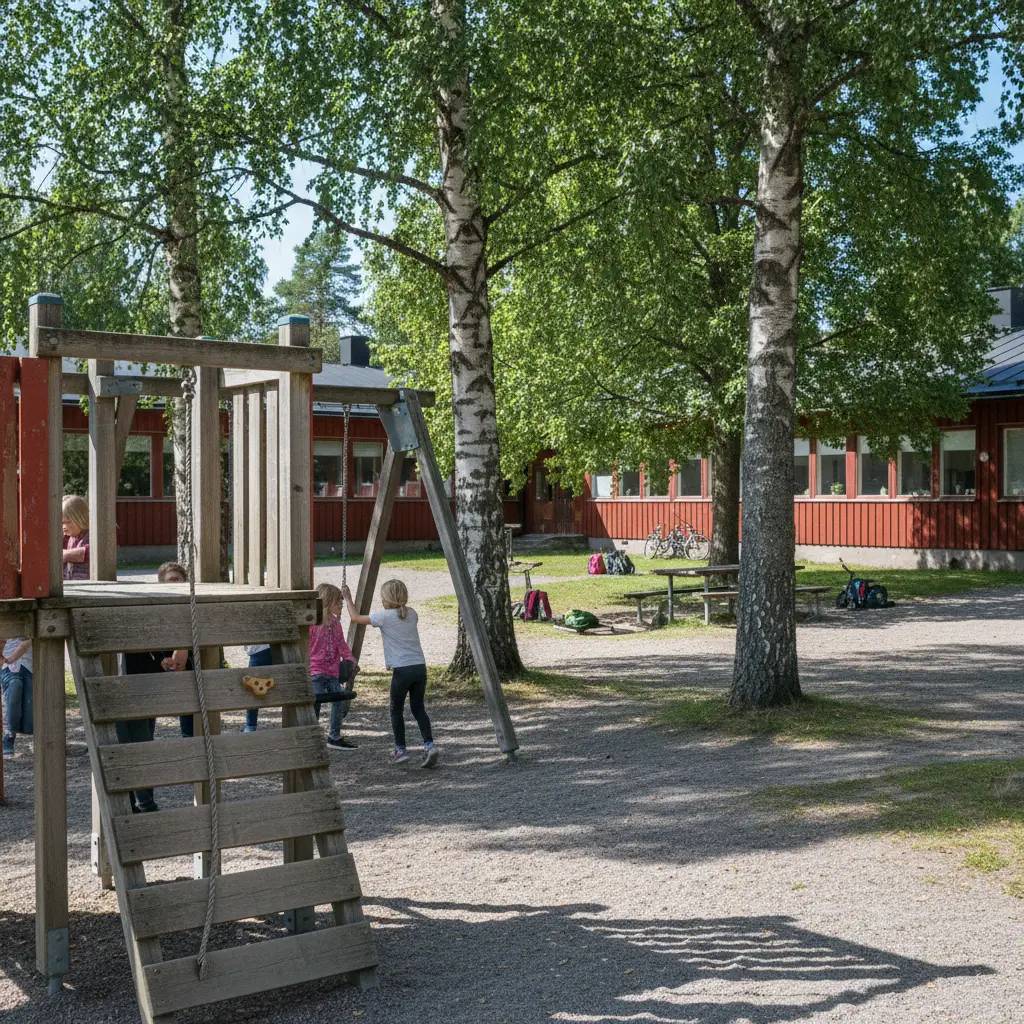 Schwedischer Schulhof mit Spielgeräten und Bäumen