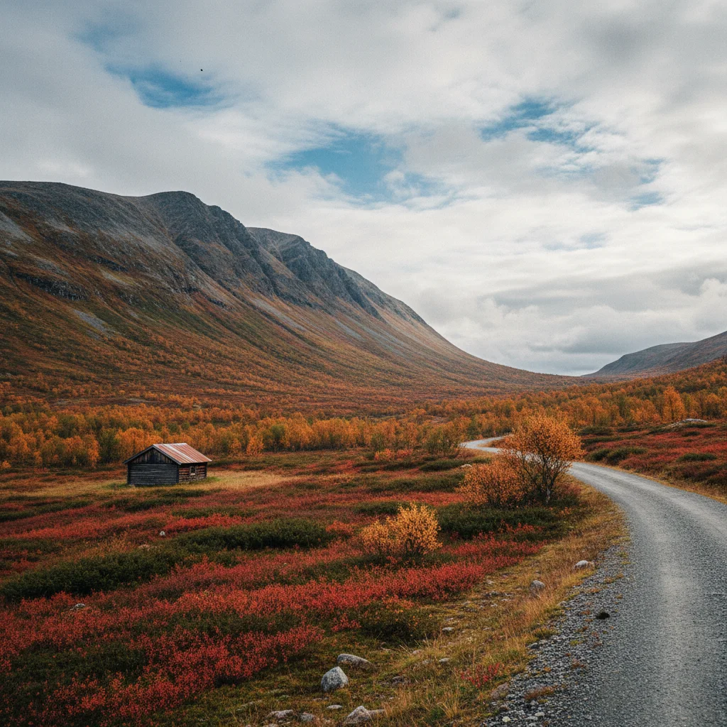 Herbstlich gefärbte Zwergbirken und Weidenbüsche in der Fjälllandschaft Lapplands mit Blick auf verschneite Berggipfel