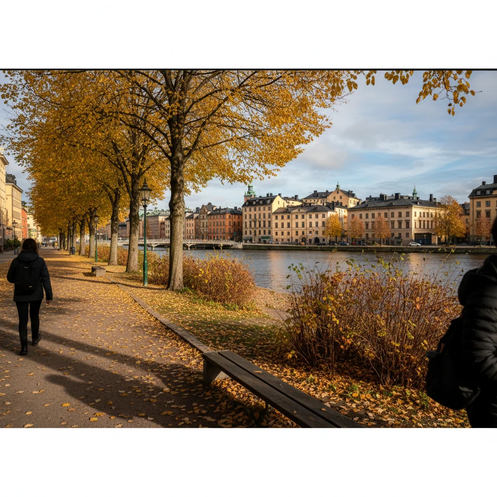 Blick über das herbstliche Stockholm mit buntem Laub an den Uferbäumen und Altstadt-Silhouette im Hintergrund
