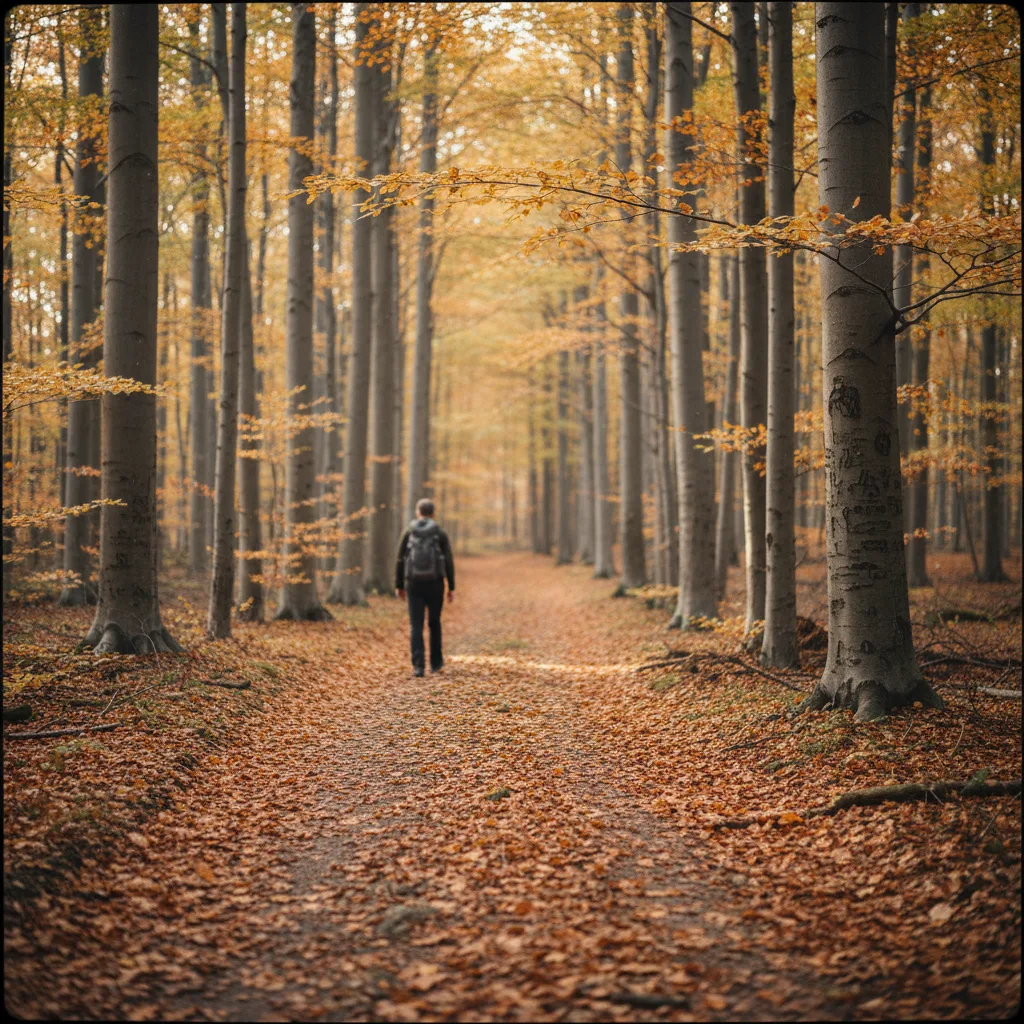 Wanderer auf einem schmalen Pfad durch einen herbstlich gefärbten Birkenwald in Mittelschweden