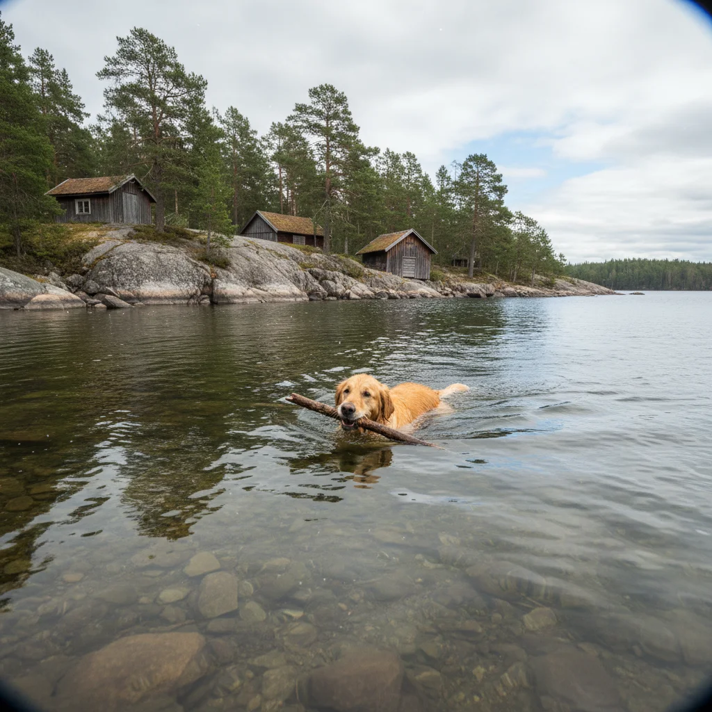 Hund schwimmt in einem klaren schwedischen See, im Hintergrund Wald und blauer Himmel