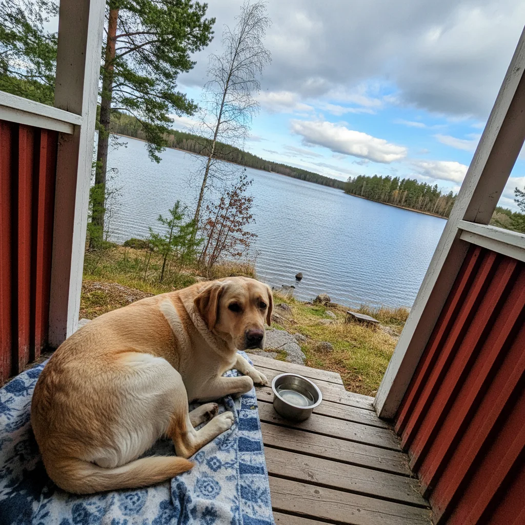 Rotes schwedisches Ferienhaus mit eingezäuntem Garten und Hund auf der Wiese
