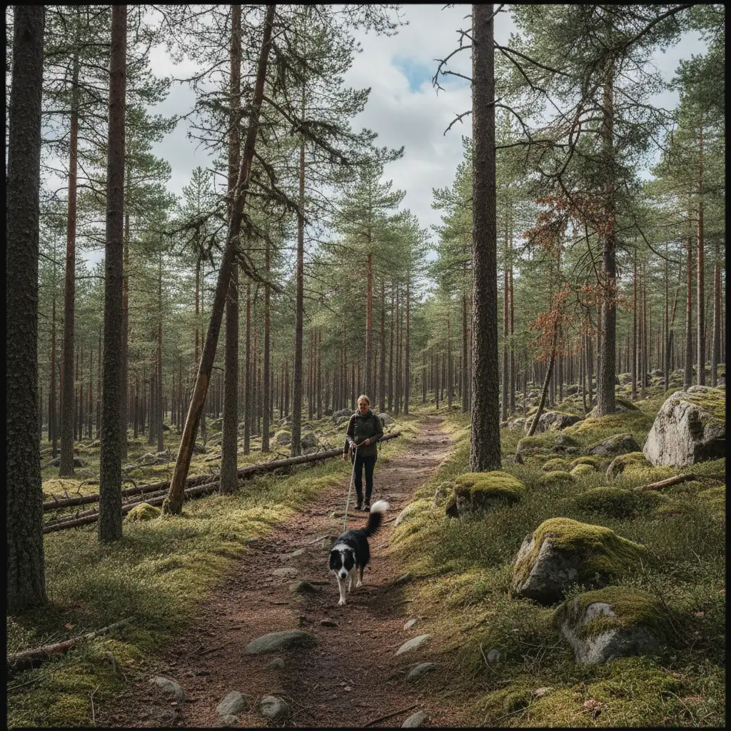 Hund auf einem Waldweg zwischen hohen Kiefern in Schweden, Sonnenlicht fällt durch die Bäume