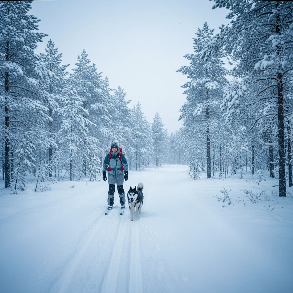 Mensch und Hund auf einer Winterwanderung durch verschneiten schwedischen Wald