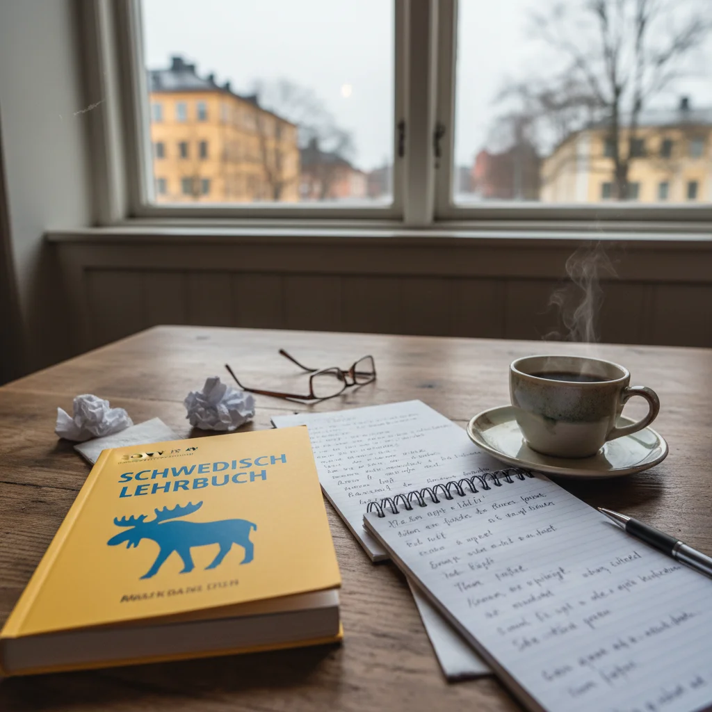 Schwedisch-Lehrbuch und Notizen neben einer Tasse Kaffee