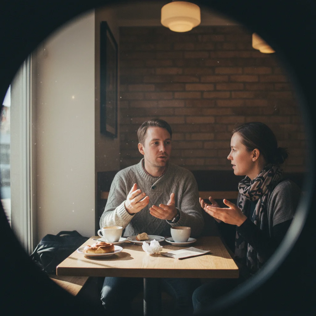 Zwei Personen im Gespräch in einem schwedischen Café