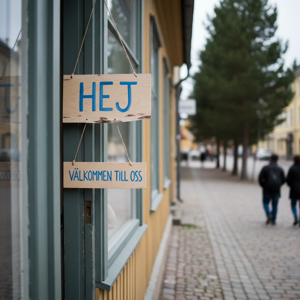 Hej-Begrüßungsschild an einem schwedischen Laden