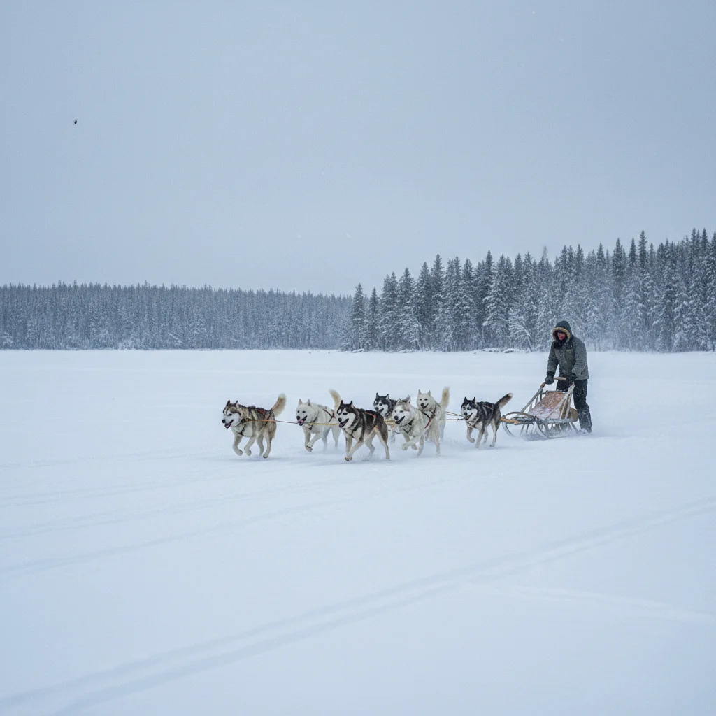 Hundeschlittenteam mit Huskys in der verschneiten Landschaft Schwedisch-Lapplands