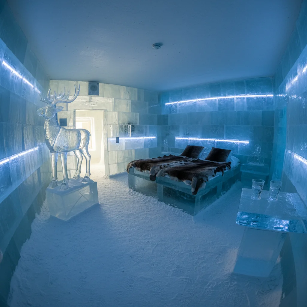 Eissuite im Icehotel Jukkasjärvi mit kunstvollen Eisskulpturen und blauem Licht