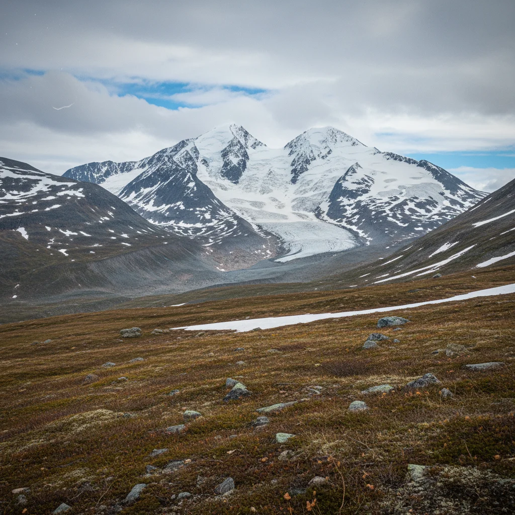 Blick auf den Kebnekaise, Schwedens höchsten Berg, mit Gletschern und Gebirgslandschaft