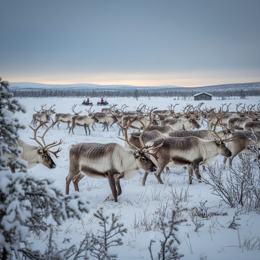 Rentierherde in der verschneiten Tundra von Schwedisch-Lappland mit Bergen im Hintergrund