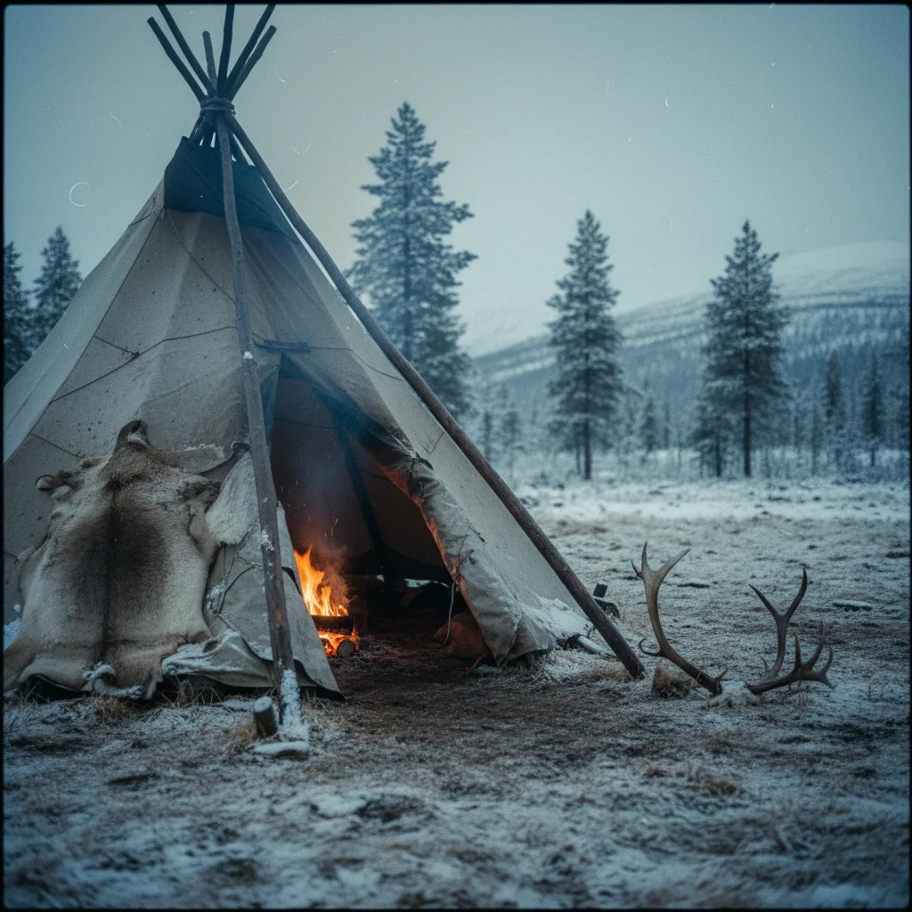 Traditionelles Sámi-Lavvu-Zelt in der verschneiten Landschaft von Schwedisch-Lappland