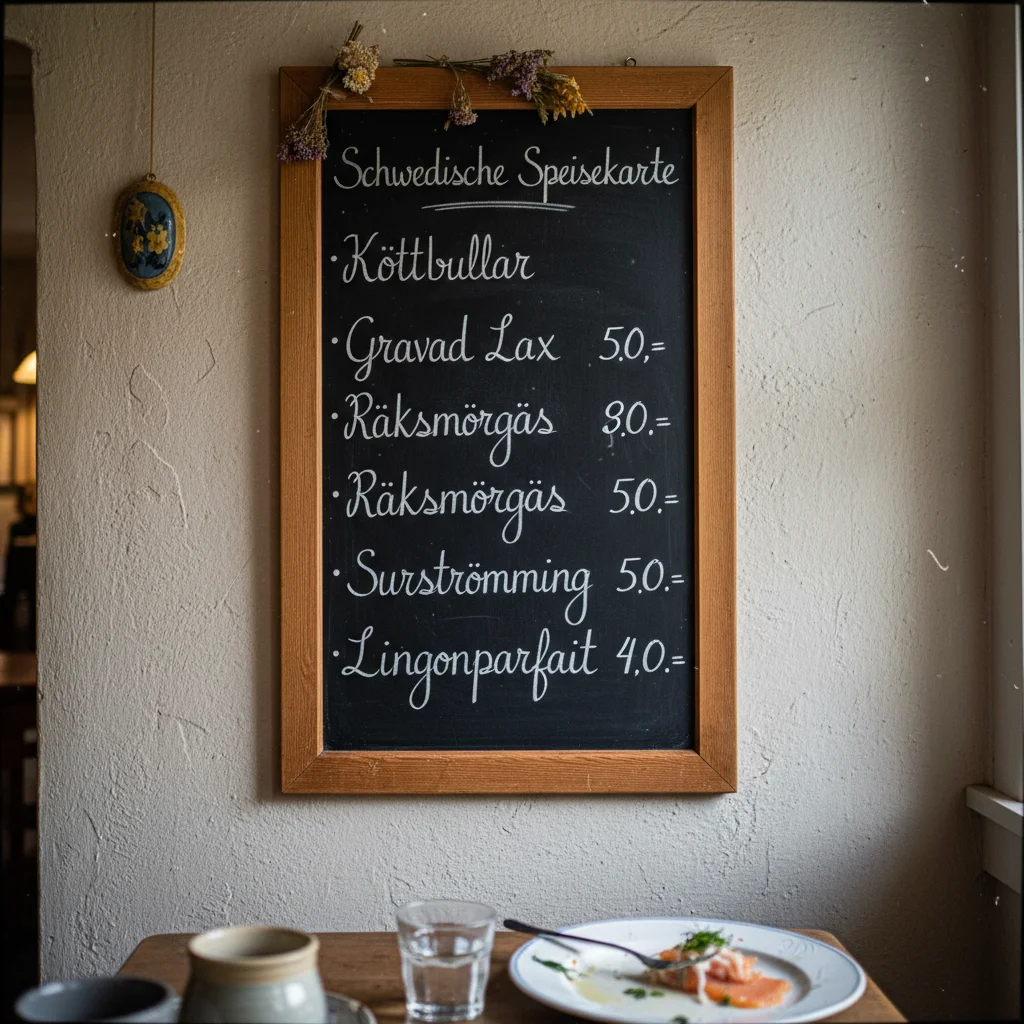 Schwedische Speisekarte in einem traditionellen Restaurant mit handgeschriebenen Gerichten