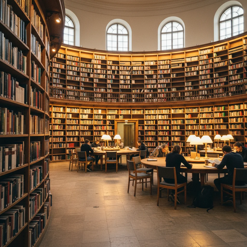 Innenansicht eines runden Bibliotheksraums mit Bücherregalen bis zur Decke in Stockholm
