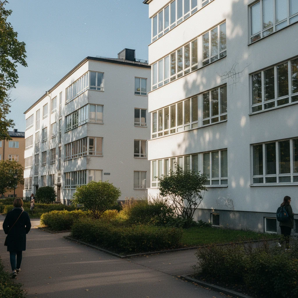 Funktionalistisches Gebäude in Stockholm mit klaren Linien und großen Fensterflächen