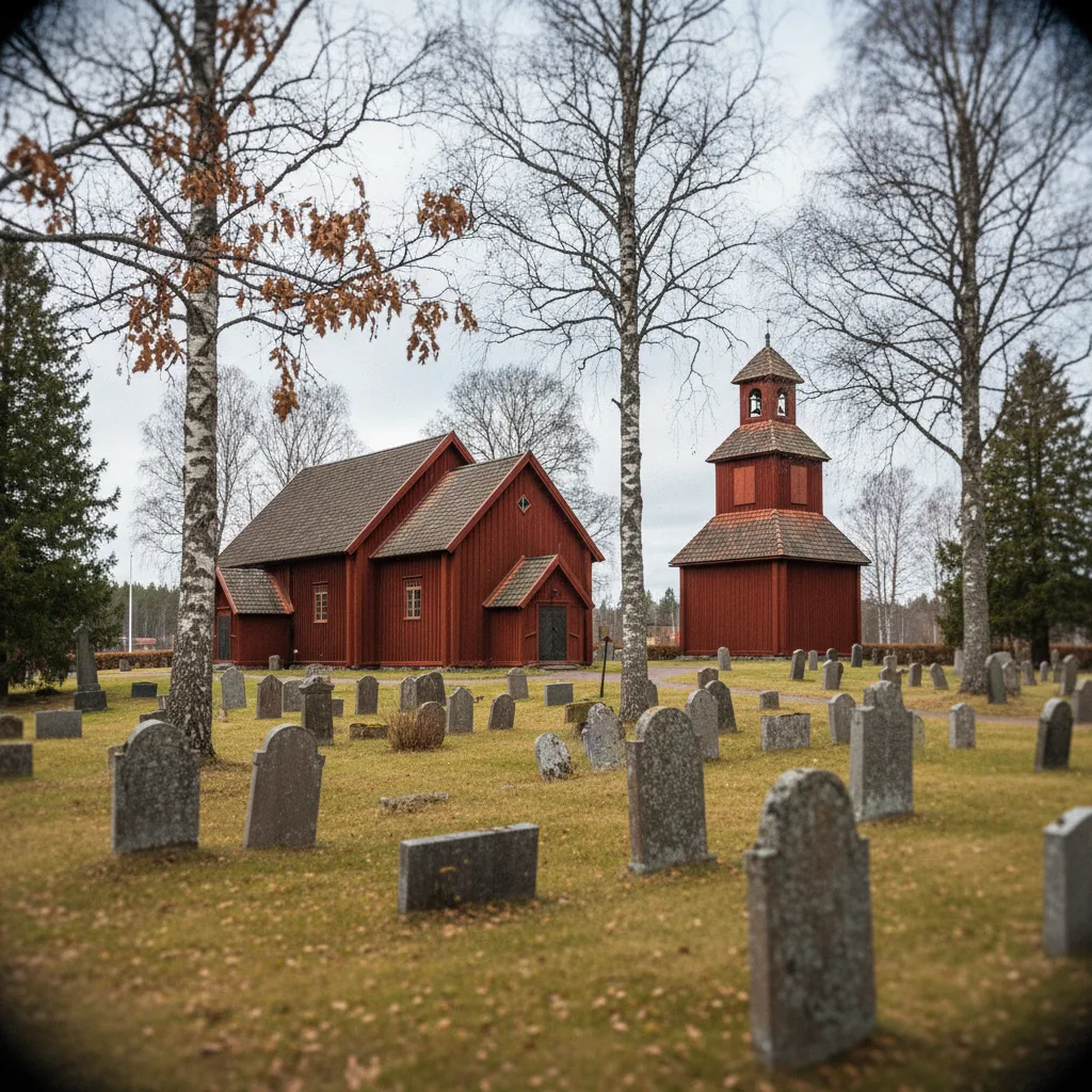 Mittelalterliche Holzkirche in Schweden mit Schindeldach und geschnitzten Verzierungen
