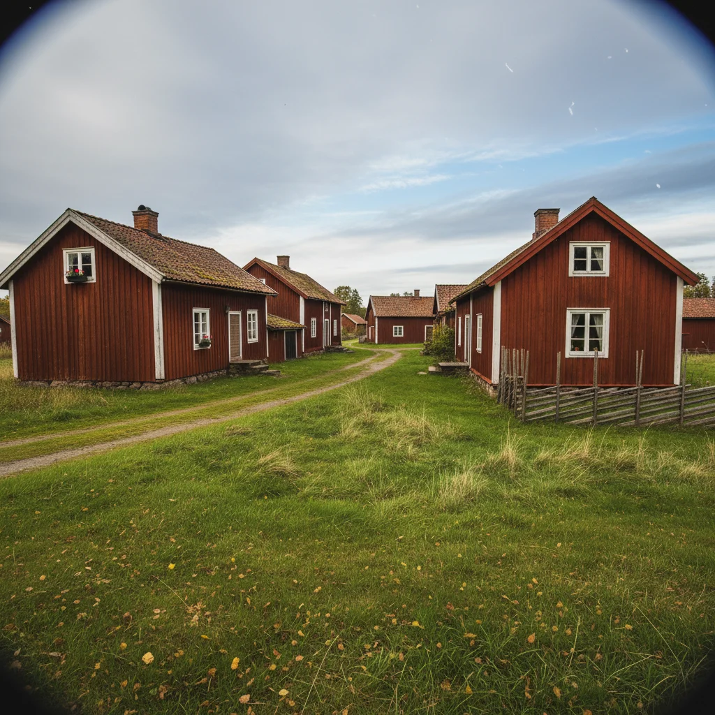Traditionelle rote Holzhäuser mit weißen Fensterrahmen in einer schwedischen Landschaft