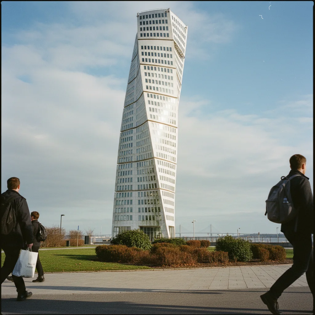 Der Turning Torso in Malmö, ein sich drehender Wolkenkratzer vor blauem Himmel
