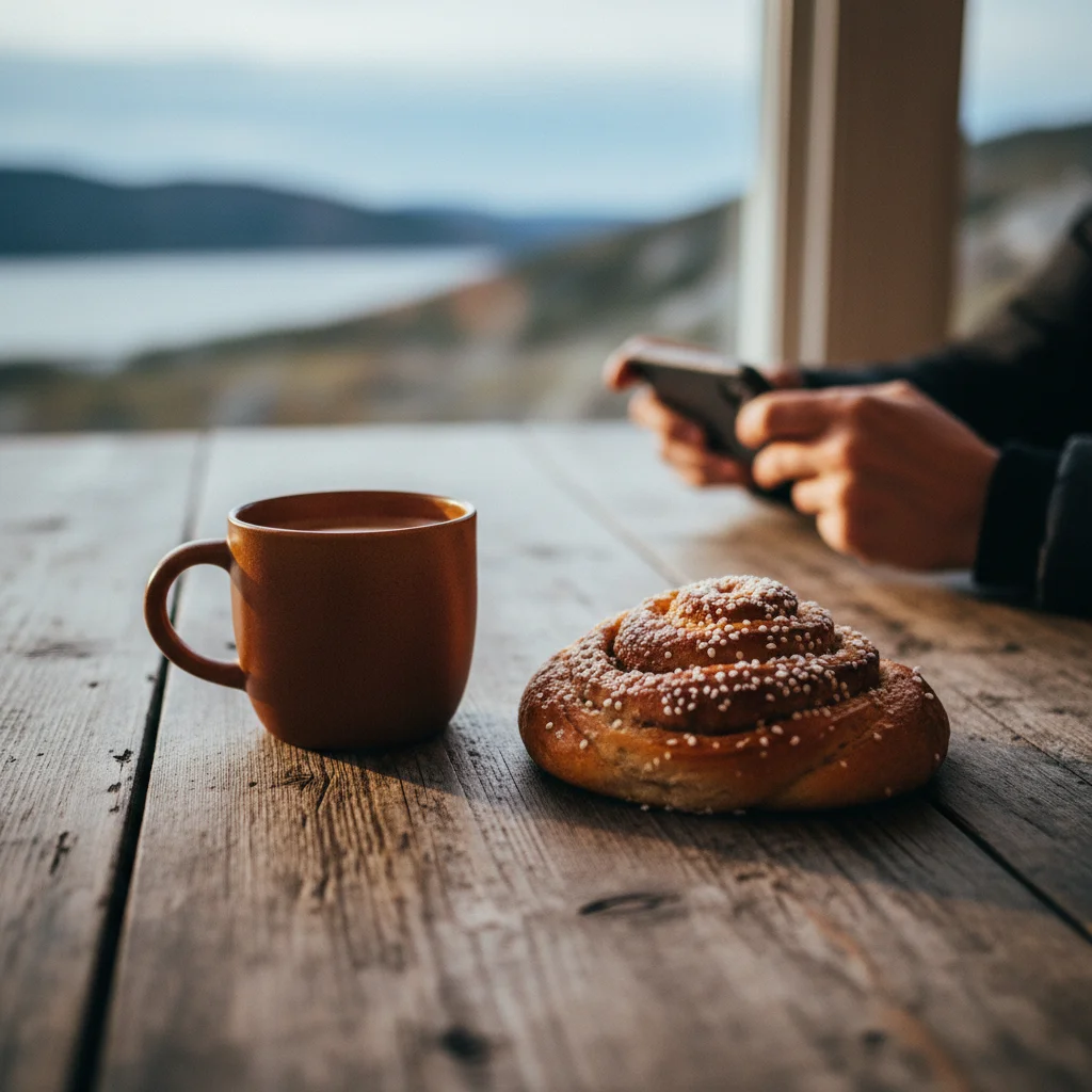 Schwedische Fika mit Kaffee und Kanelbulle auf einem Holztisch