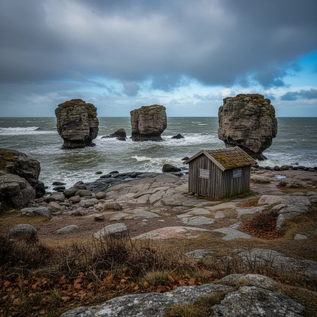 Filmszene im Stil von Ingmar Bergman mit karger schwedischer Landschaft