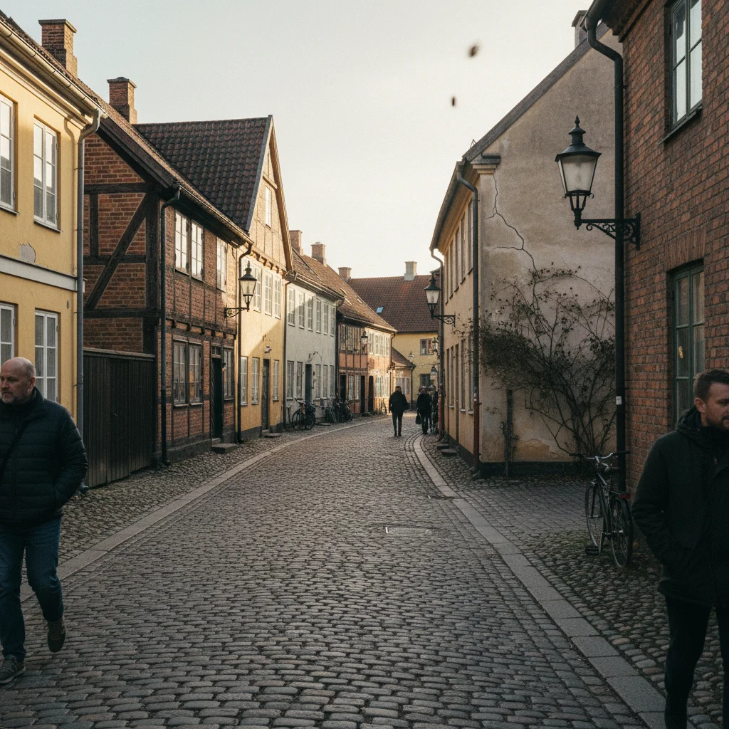 Kopfsteinpflasterstraße in der Altstadt von Ystad, Drehort der Wallander-Serie