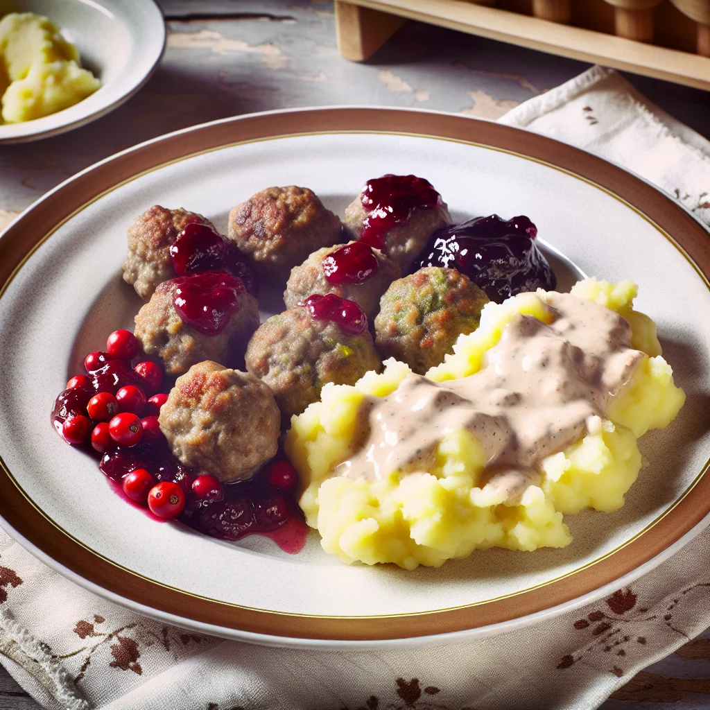 Schwedische Köttbullar mit Kartoffelpüree, Preiselbeeren und Rahmsoße