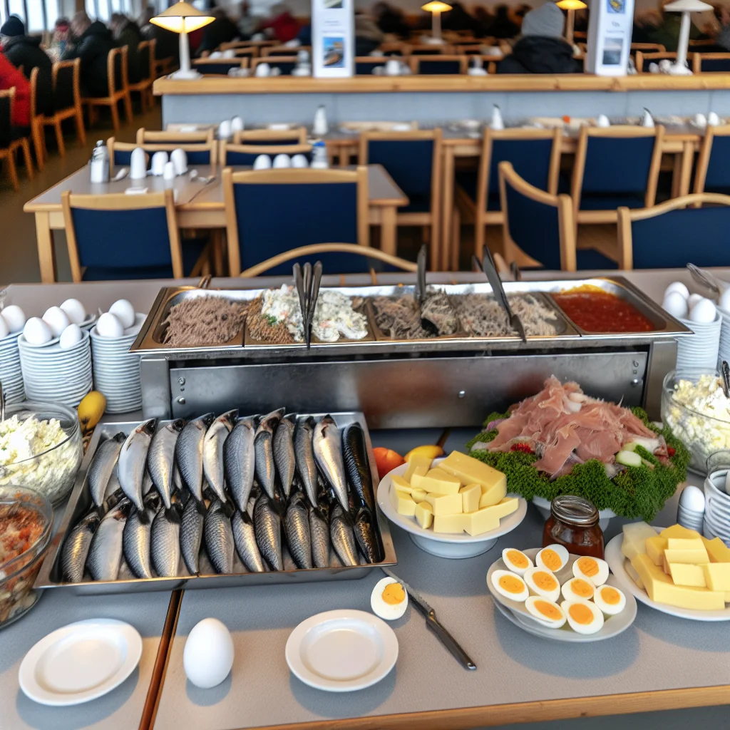 Traditionelles schwedisches Smörgåsbord mit verschiedenen Fisch- und Fleischgerichten