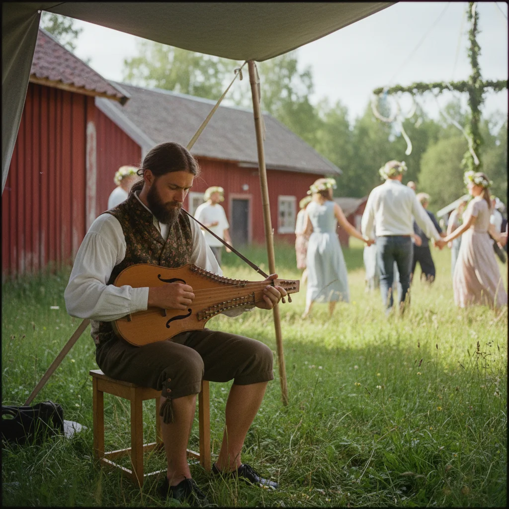 Musiker spielt traditionelle schwedische Nyckelharpa bei einem Volksmusikevent