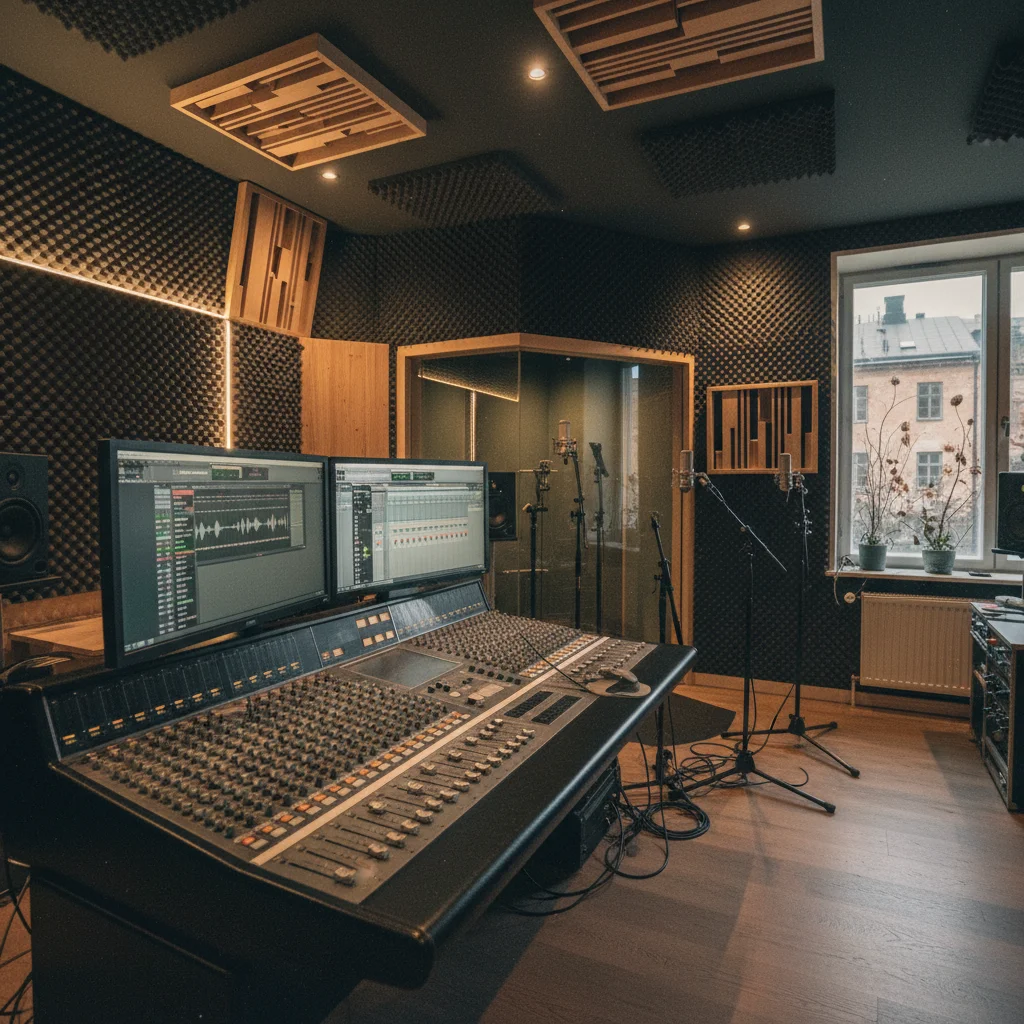 Modernes Musikproduktionsstudio in Stockholm mit Mischpult und Monitoren