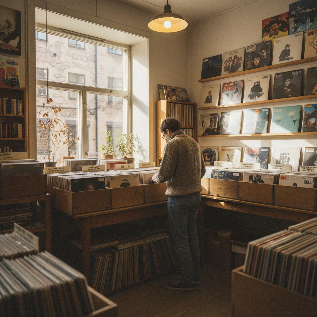 Schwedischer Vinyl-Plattenladen mit Schallplatten in Regalen