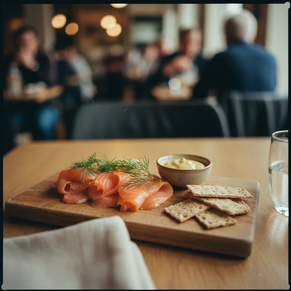 Dünn aufgeschnittener Gravlax mit Dill-Senf-Sauce und Knäckebrot auf einem Holzbrett