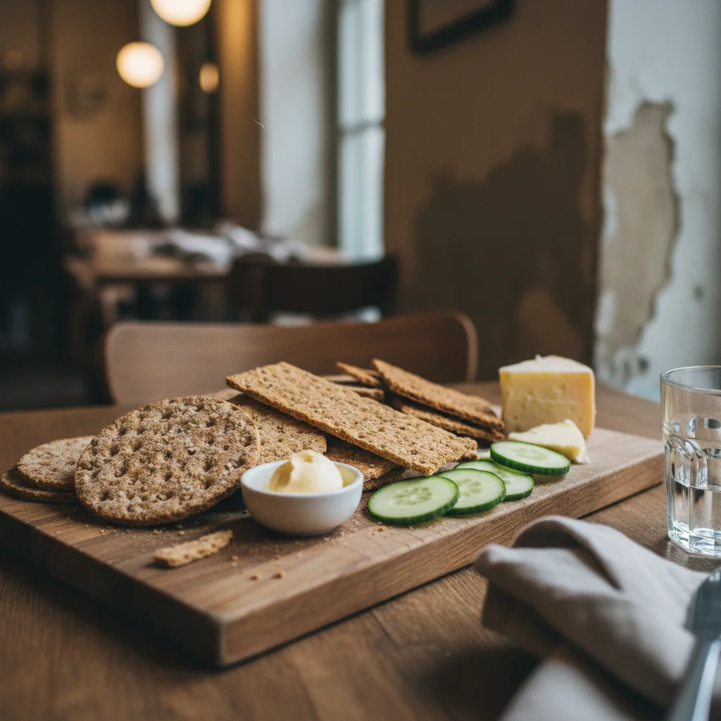 Schwedisches Knäckebrot mit Butter und verschiedenen Belägen auf einem rustikalen Tisch