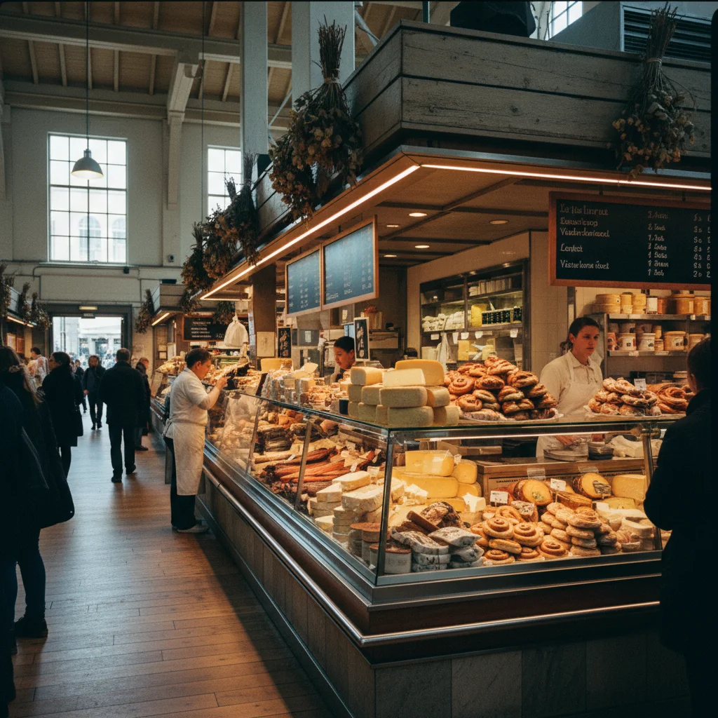 Schwedische Markthalle mit verschiedenen Lebensmittelständen und frischen Produkten