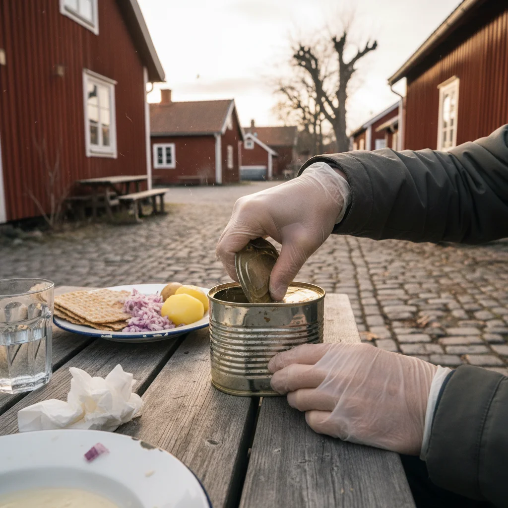 Surströmming-Dose geöffnet im Freien mit Tunnbröd und Beilagen auf einem Tisch