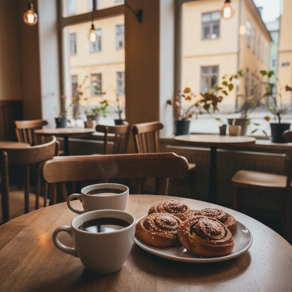Schwedische Fika mit Zimtschnecken, Kaffee und Gebäck auf einem Holztisch in gemütlichem Café
