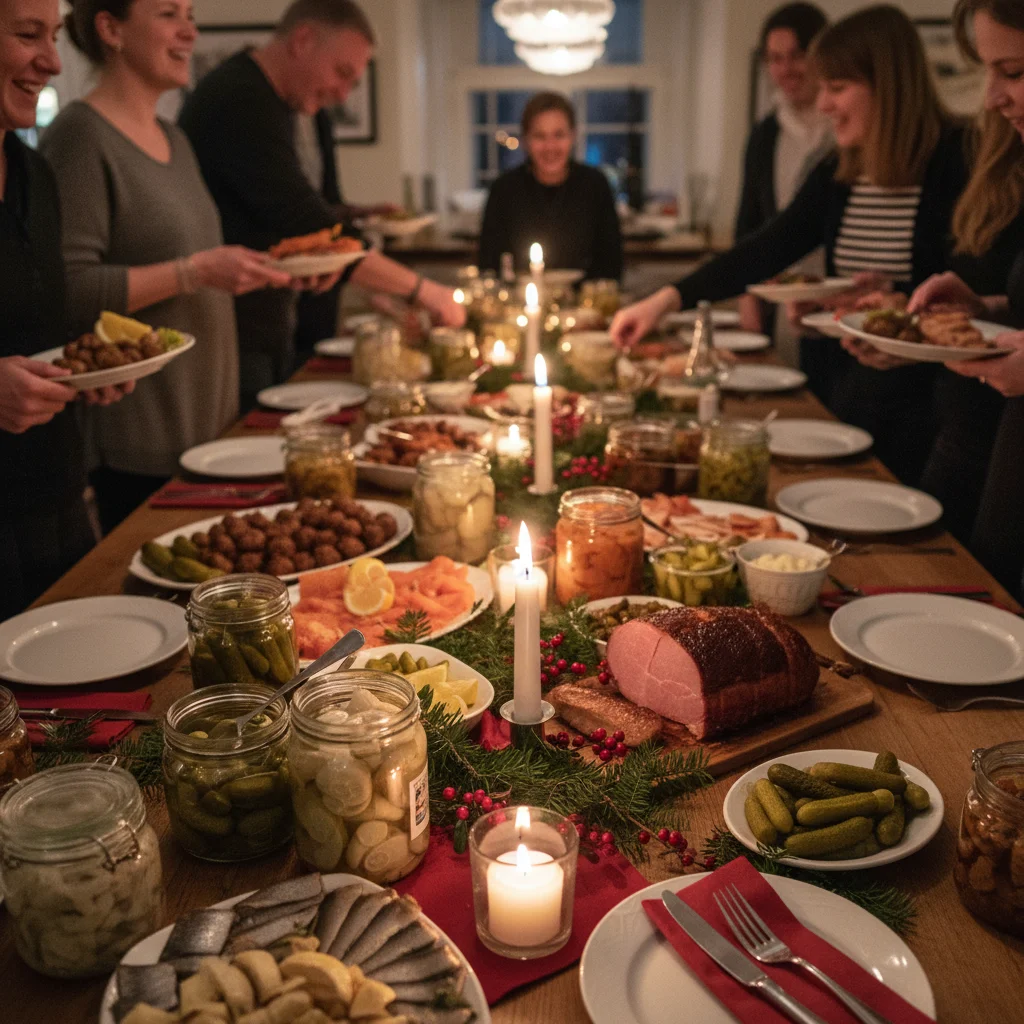 Schwedisches Julbord mit Heringsvariationen, Lachs, Köttbullar, Schinken und Pfefferkuchen auf festlich gedecktem Tisch