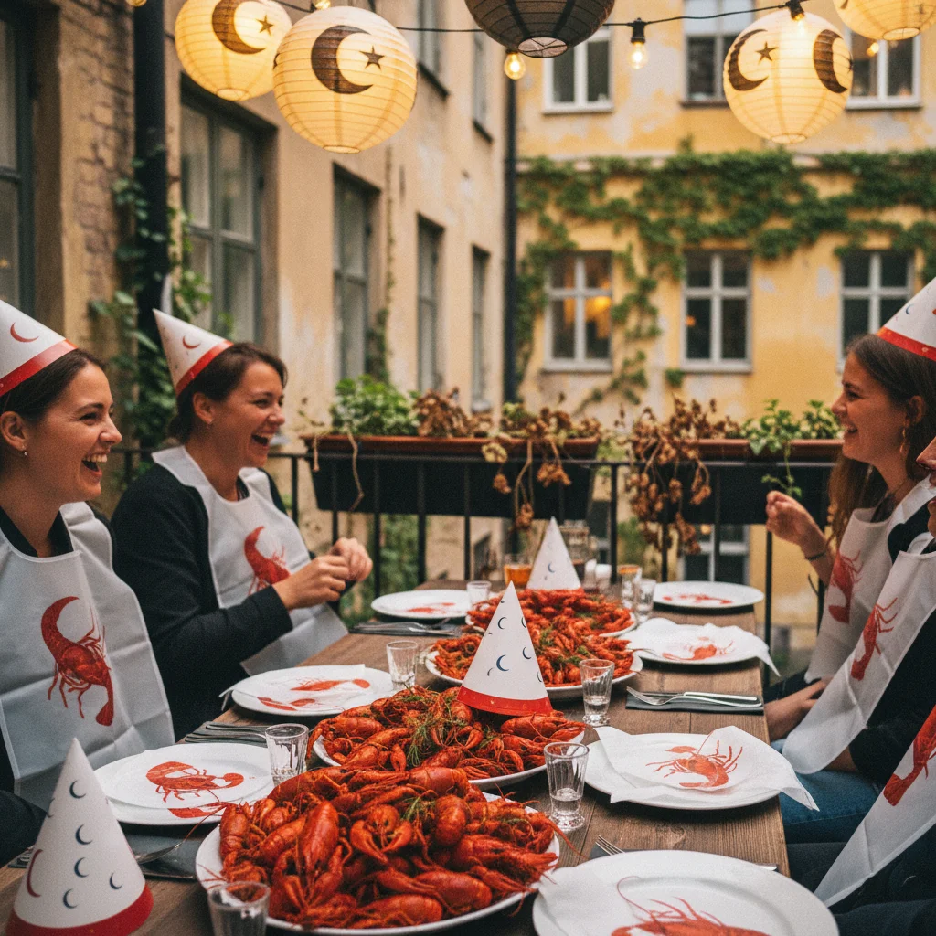 Schwedische Kräftskiva mit roten Flusskrebsen auf bunten Tellern, Papphüten und Laternen