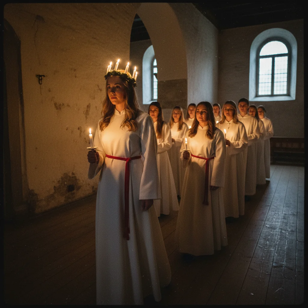 Lucia-Prozession mit Mädchen in weißen Kleidern und Kerzenkranz im dunklen Kirchenschiff