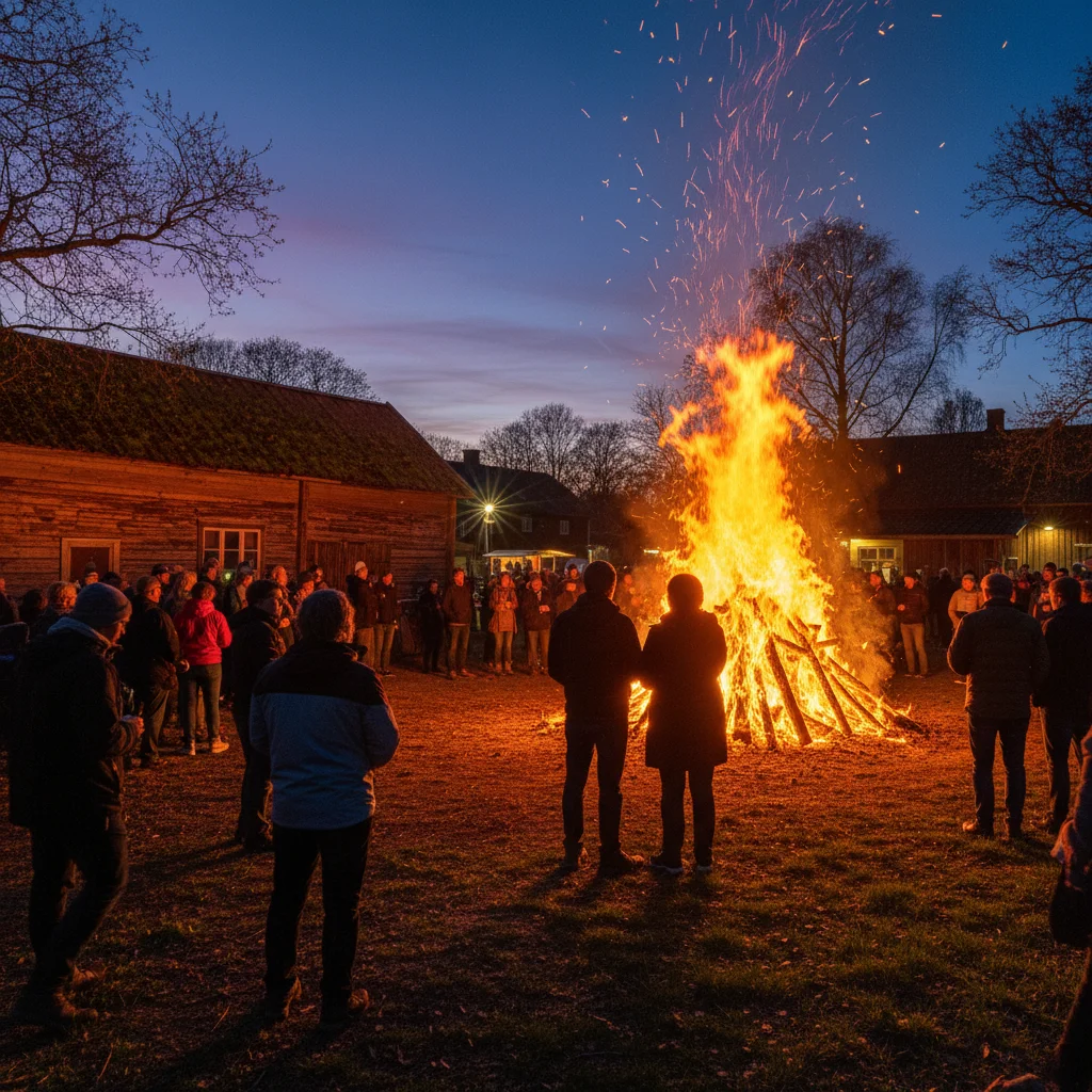 Großes Valborgfeuer am Seeufer in Schweden bei Sonnenuntergang mit Zuschauern