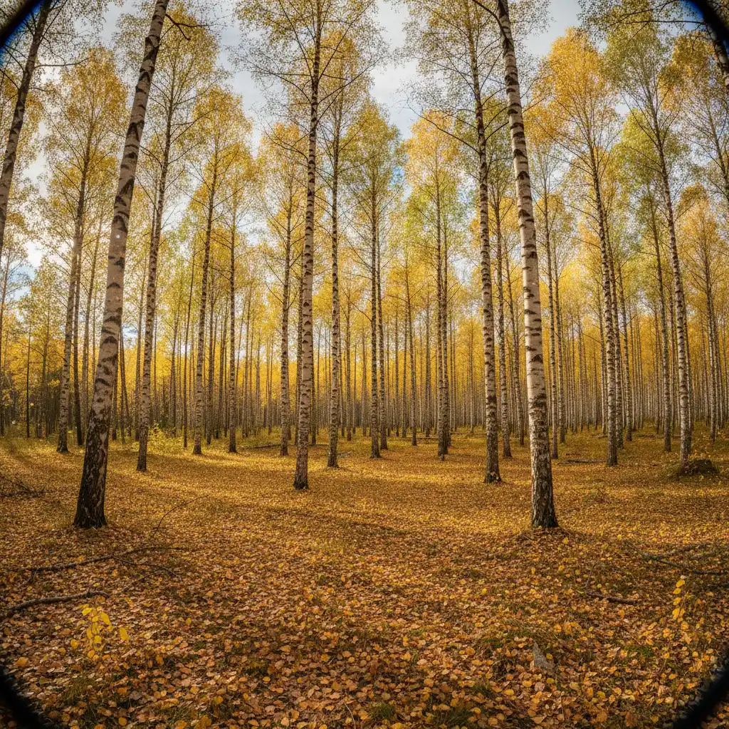 Birkenwald in Schweden im Herbst mit goldgelbem Laub