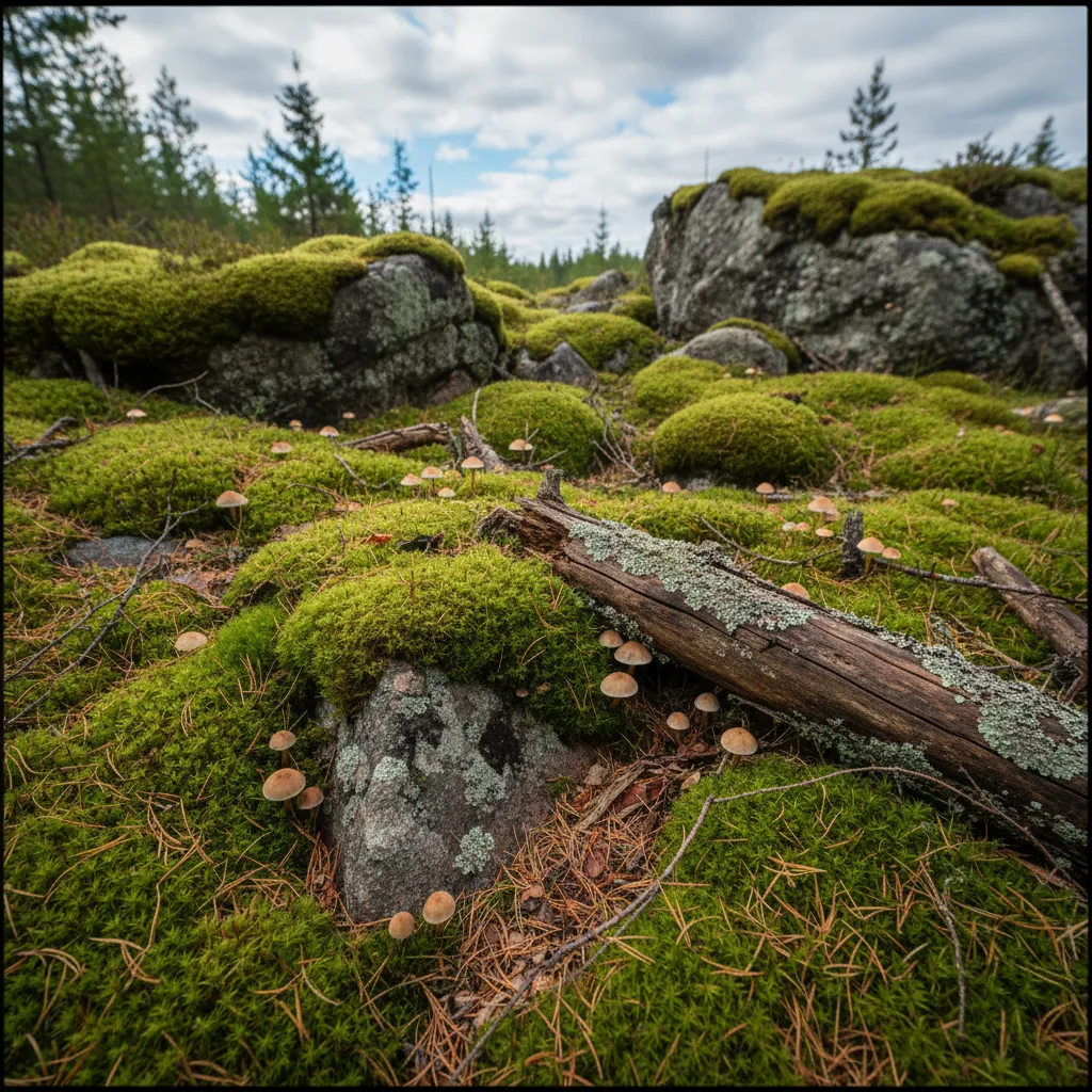 Moosiger Waldboden mit Pilzen im schwedischen Nadelwald