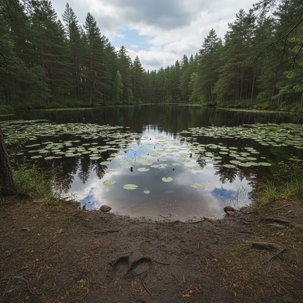 Waldlichtung an einem stillen See im schwedischen Wald