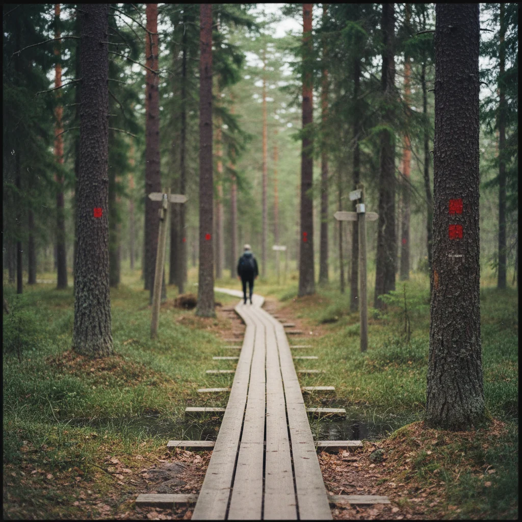 Schmaler Waldweg durch einen schwedischen Kiefernwald im Sommerlicht