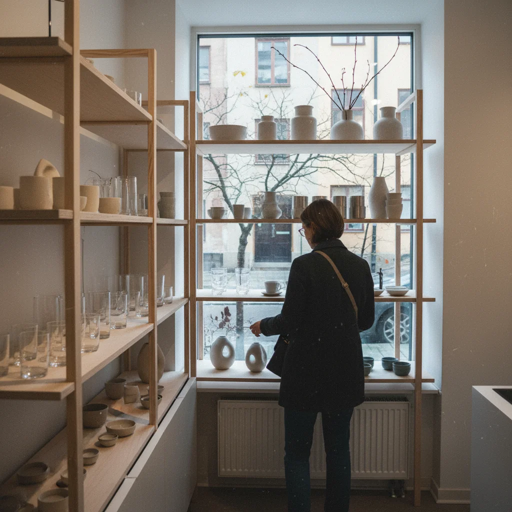 Designgeschäft in Stockholm mit minimalistischen Möbeln und Wohnaccessoires aus hellem Holz
