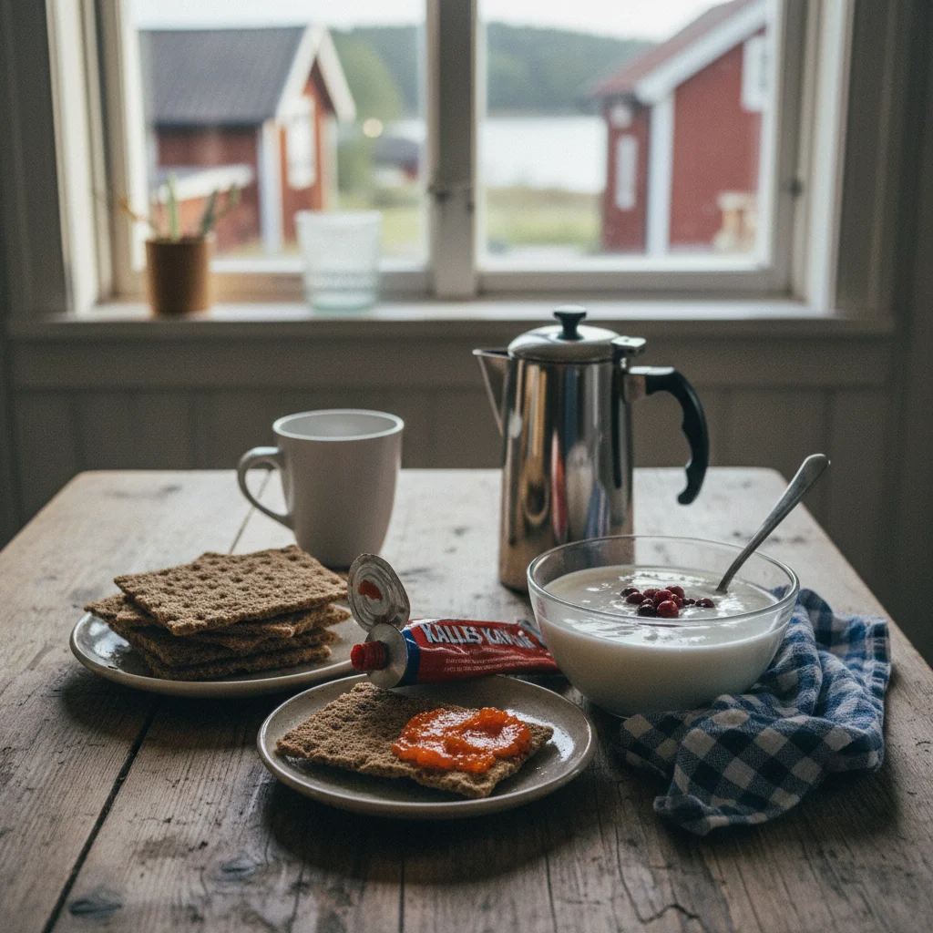 Schwedisches Frühstück mit Knäckebrot, Kaviar-Tube und Filmjölk
