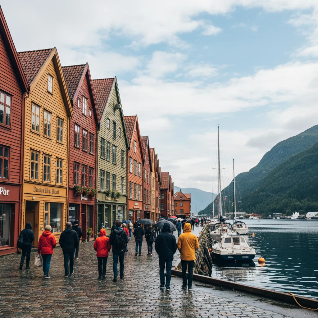 Die bunten Holzhäuser von Bryggen in Bergen am Hafen