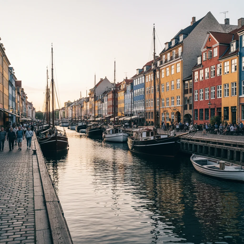 Die bunten Häuser von Nyhavn in Kopenhagen an einem Sommerabend