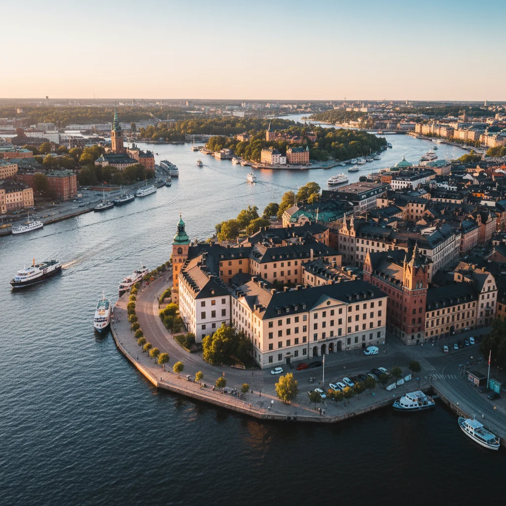 Panoramablick über Stockholm mit Wasserstraßen zwischen den Inseln